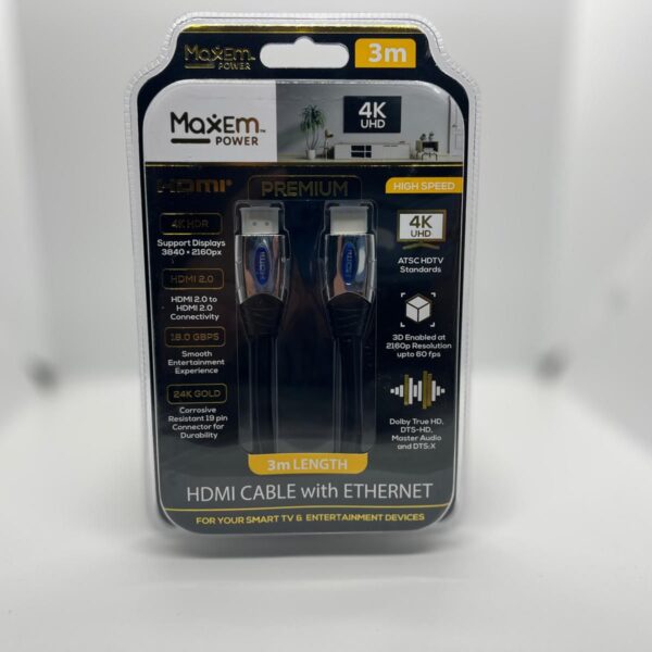 Max Em Power 3m HDMI 2.0 Premium High-Speed Cable (24K Gold, 18Gbps, Ethernet, 3D Enhanced)